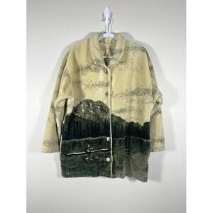 VTG Laura M Scenic Mountains Fishing Fleece Jacket Wms Medium Cream Green 90s